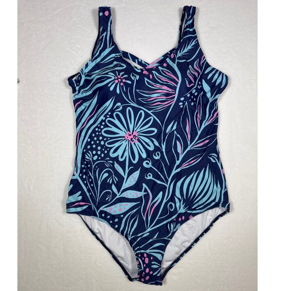 NWOT Blue & Pink Floral One Piece Swimsuit w/ Criss Cross Back Size XXL